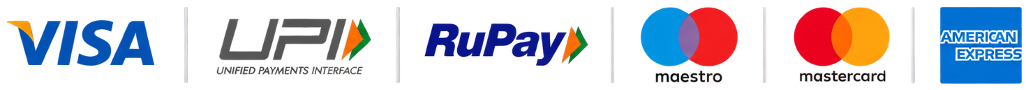 Visa, UPI, RuPay, Maestro, Mastercard and American Express accepted.